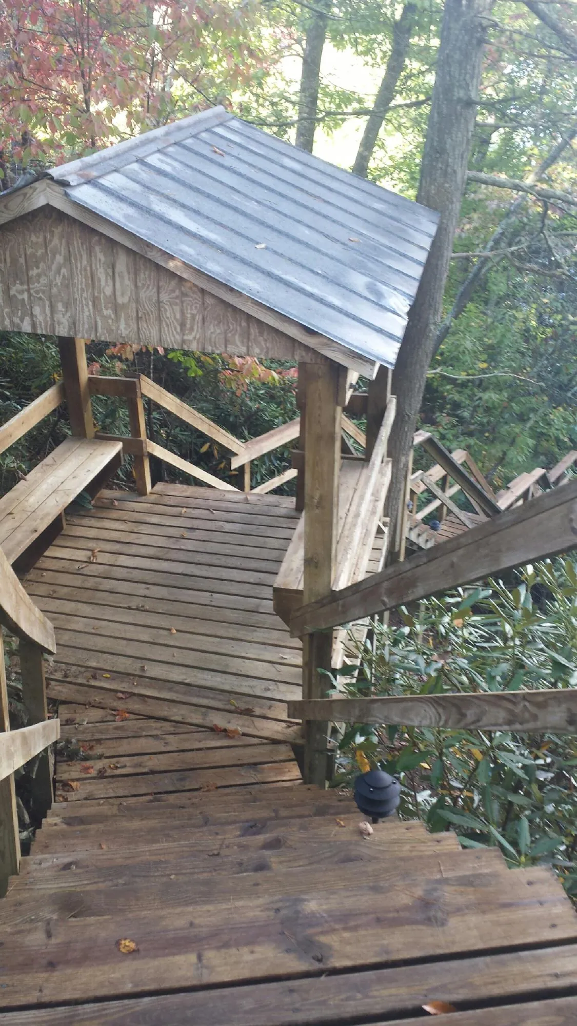 Metal roofed shelter over wooden steps on a wooded walkway — Skylight Repair & Installation work by our crew in Lockwood